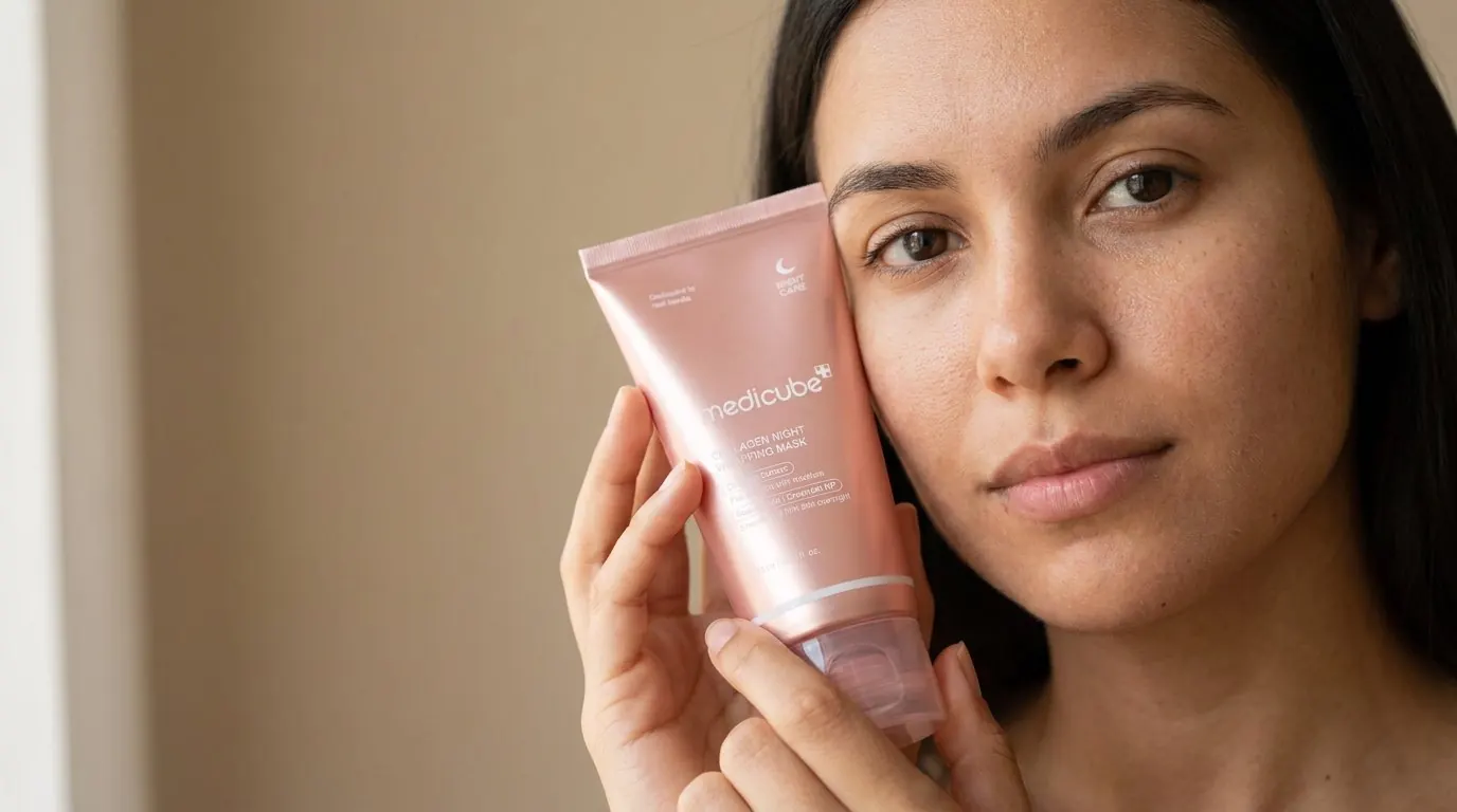 Modelo segurando Collagen Night Wrapping Mask da Medicube