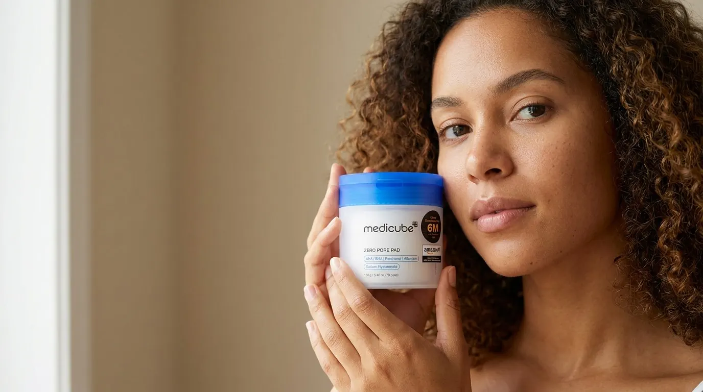 Modelo segurando Zero Pore Pad 2.0 da Medicube