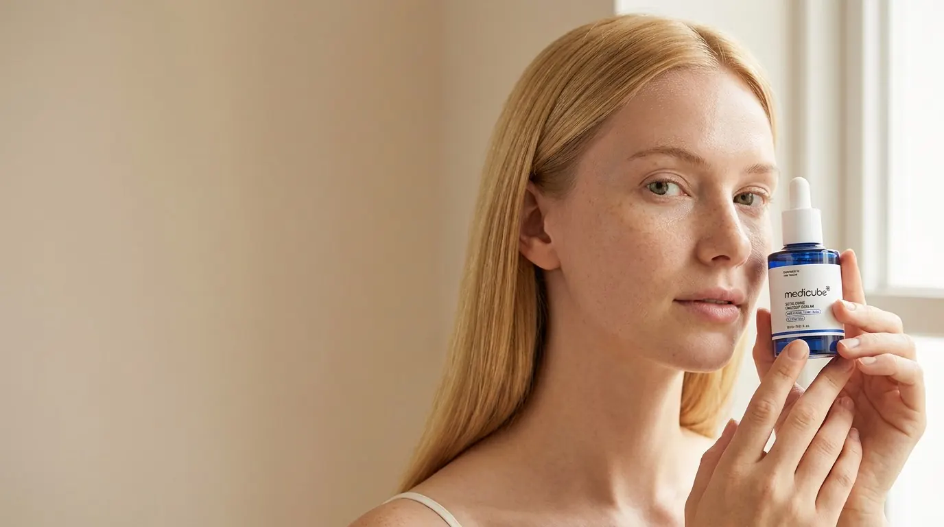 Modelo segurando Zero Pore One-Day Serum da Medicube